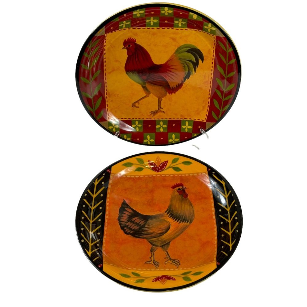 Rooster Hen Chicken Melamine 9" Plates Set of 2 Farmhouse Kitchen Decor